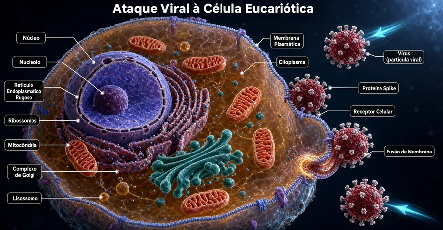 Ilustração científica de uma célula eucariótica sob ataque viral, com núcleo, mitocôndrias, complexo de Golgi, ribossomos, proteína spike e fusão de membrana identificados.