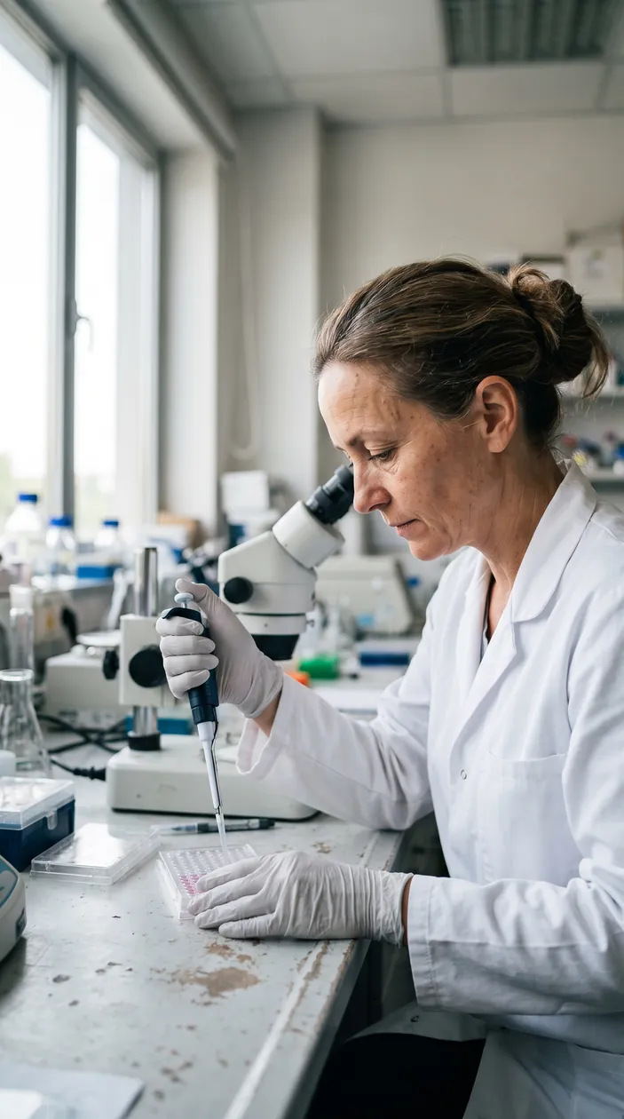 Fotografia de uma pesquisadora de meia-idade usando uma pipeta sobre uma placa num laboratório, com luz natural de janela.