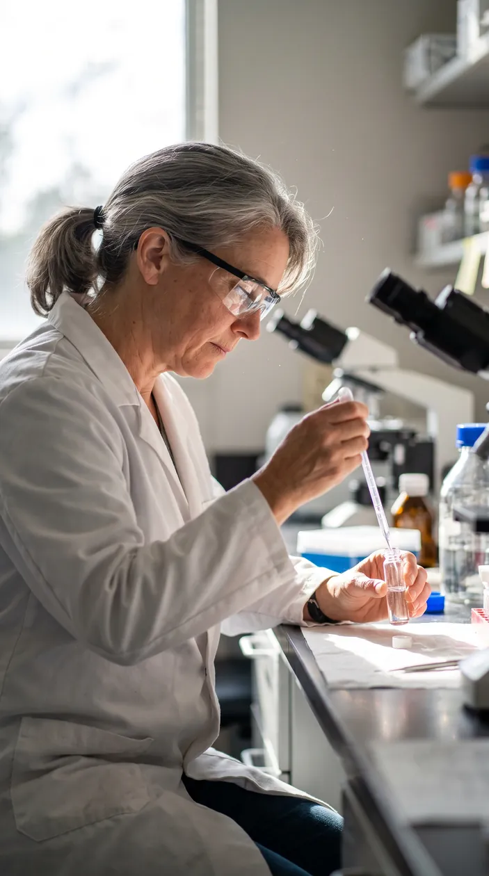 Fotografia de perfil de uma pesquisadora de cabelos grisalhos e óculos de proteção, pipetando uma amostra num frasco, com microscópios ao fundo.