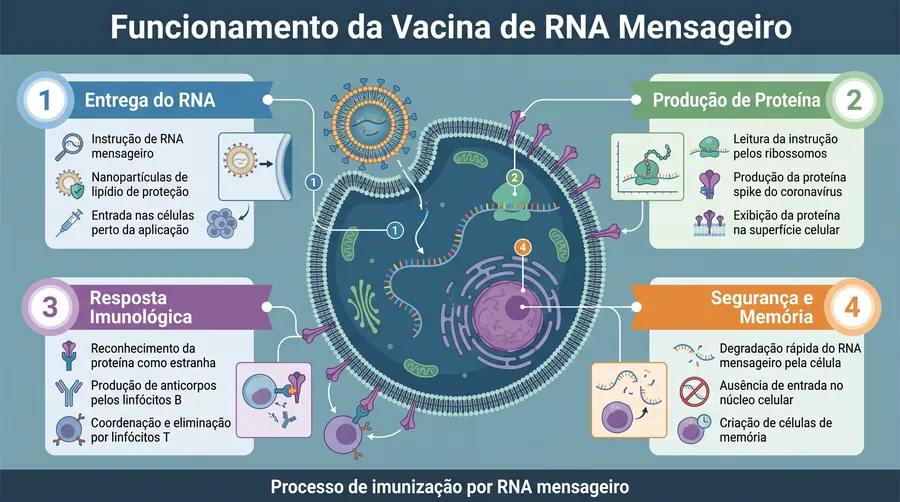 Infográfico sobre o funcionamento da vacina de RNA mensageiro: entrega do RNA, produção de proteína, resposta imunológica, segurança e memória, ao redor de uma célula.