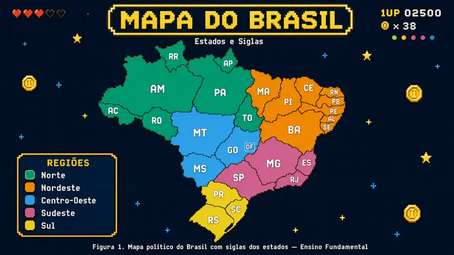 Infográfico em estilo de videogame antigo com o mapa político do Brasil, as siglas dos estados e as cinco regiões coloridas, para o ensino fundamental.