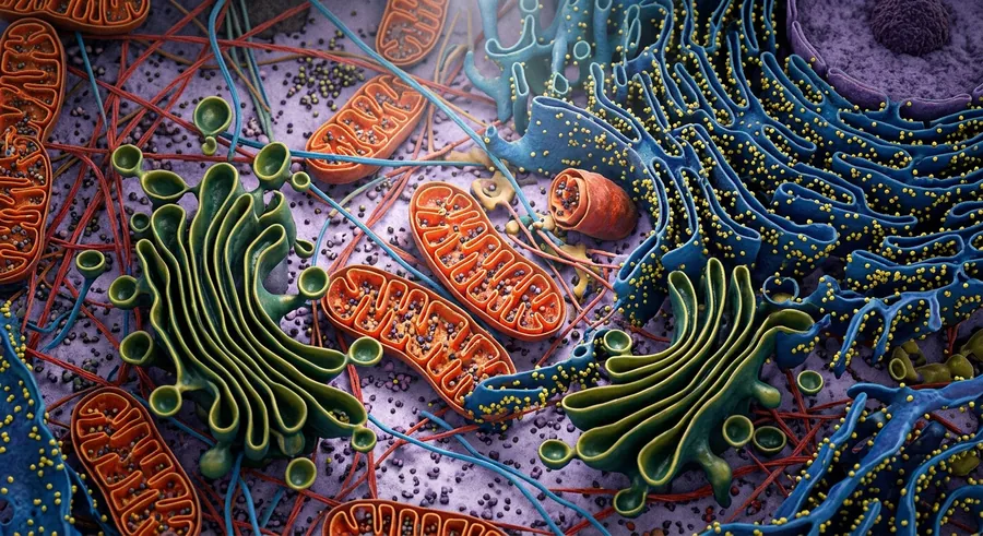 Ilustração detalhada do interior de uma célula, com mitocôndrias alaranjadas, complexo de Golgi verde e retículo endoplasmático azul.