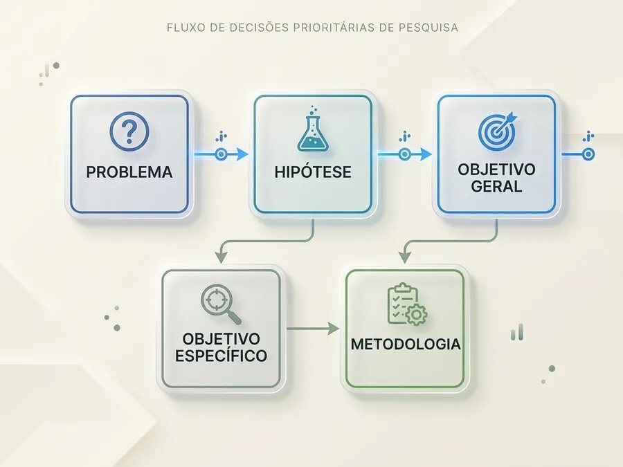 Fluxograma limpo das decisões prioritárias de pesquisa: problema, hipótese, objetivo geral, objetivo específico e metodologia.